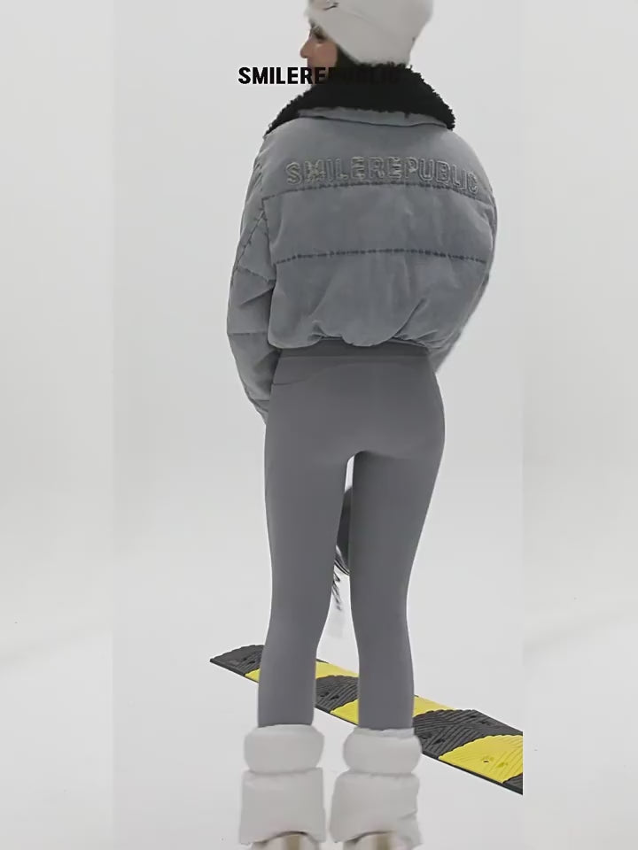 Light Blue Denim Cropped Puffer Jacket with 90% White Duck Down Fill and Plush Stand Collar