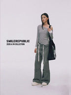 Unisex Gray Washed Wide-Leg Jeans with Dropped Waist Detail