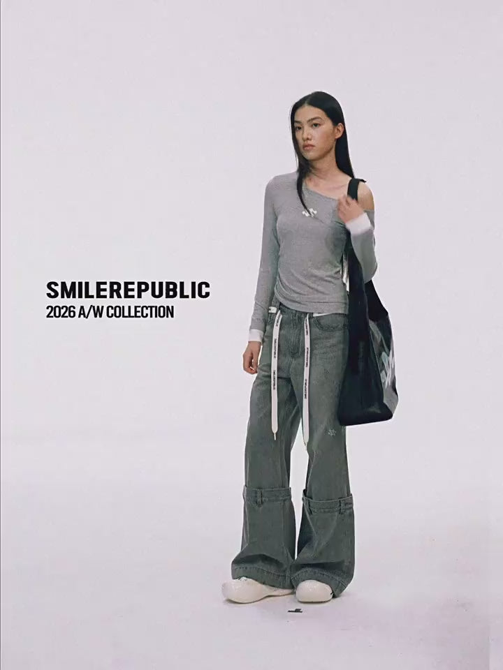 Unisex Gray Washed Wide-Leg Jeans with Dropped Waist Detail