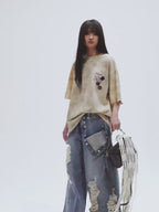 Beige Gray 100% Cotton Distressed Wash Graphic Oversized Crew Neck Short Sleeve T Shirt