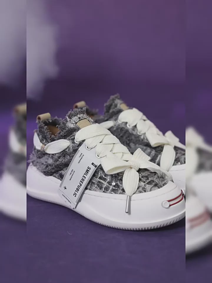 Dusk Gray Frayed Textile Platform Sneakers with Interchangeable Smile Toe, Unisex Low Top
