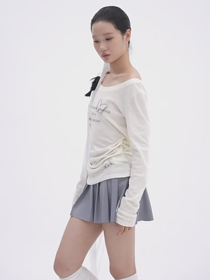 Gray Polyester Viscose Blend Pleated Mini Skirt with Side Tie and Logo Detail for Women