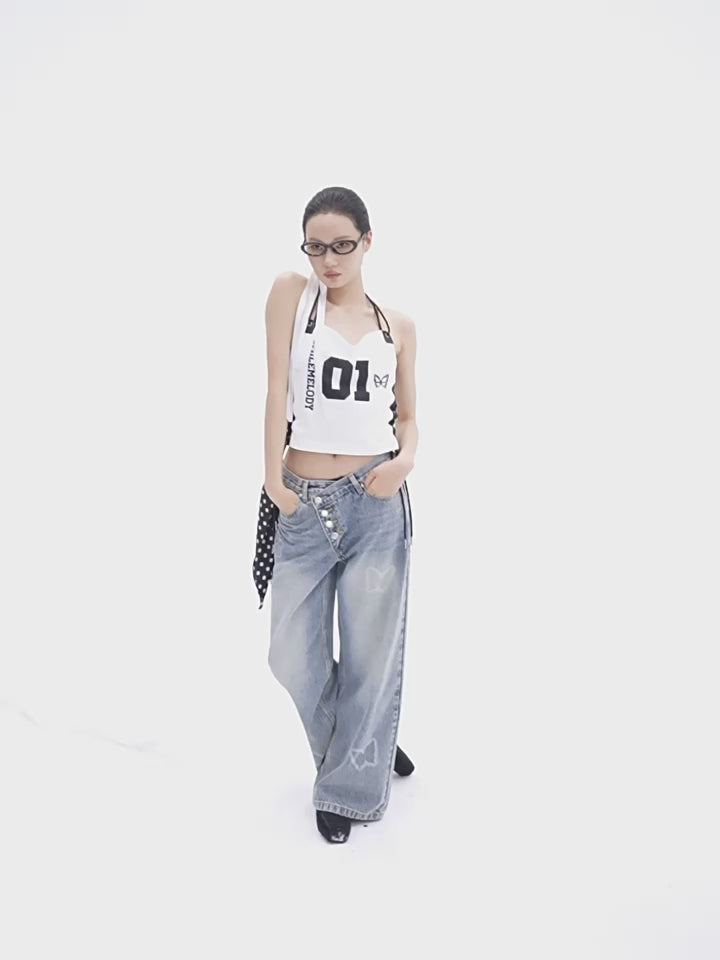 Blue Washed Cotton Denim Butterfly Graphic Wide-Leg Jeans with Asymmetric Waistband for Women