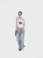 Blue Washed Cotton Denim Butterfly Graphic Wide-Leg Jeans with Asymmetric Waistband for Women