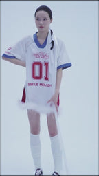 White Polyester Colorblock V-Neck Number Graphic Jersey Top with Removable Feather Trim for Women
