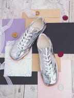 Silver Finish Bow Side Detail Square Toe German Trainer Sneakers, Low Top Lace Up