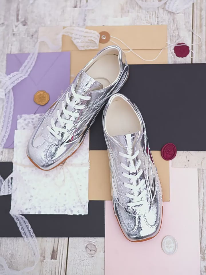 Silver Finish Bow Side Detail Square Toe German Trainer Sneakers, Low Top Lace Up
