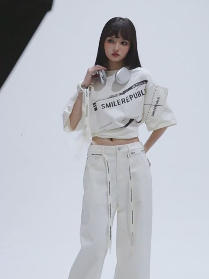 White Oversized Airplane Ticket Graphic Print Crew Neck Short Sleeve T-Shirt, Casual Streetwear Style