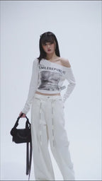 Unisex White Washed Stretch Denim Wide-Leg Jeans with Logo Tape Belt