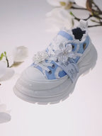 Women's Light Blue Frayed Canvas Smile Toe Platform Sneakers