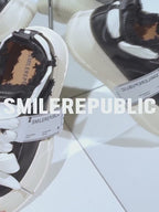 Black Frayed Trim Platform Sneakers with Interchangeable Smile Toe, Low Top Lace Up
