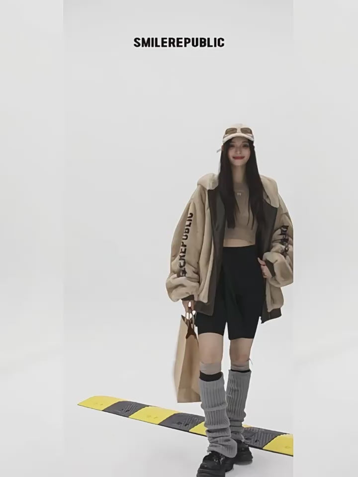 Khaki Polyester Faux Fur Hooded Full Zip Jacket with Graphic Lettering and PU Coated Trim