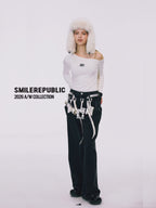 Black Washed Wide Leg Jeans with Adjustable Waist Straps and Relaxed Fit Design