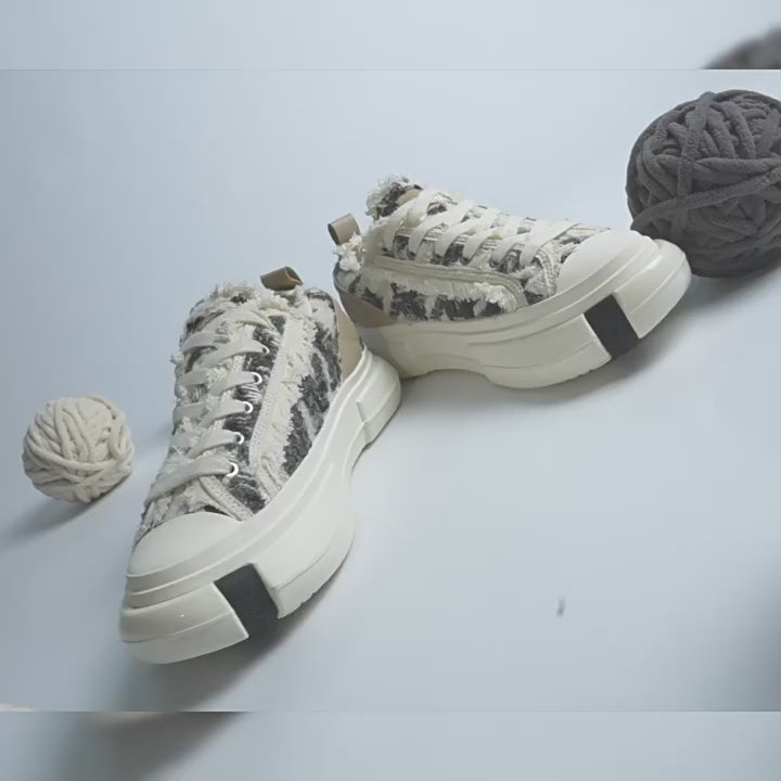 Black and White Herringbone Textured Platform Sneakers, Unisex Low Top Lace Up Shoes