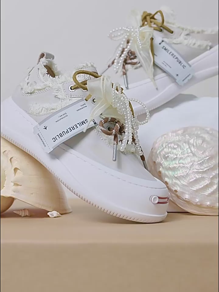 Women's Ash Gray Pearl Bow Platform Sneakers with Interchangeable Smile Toe