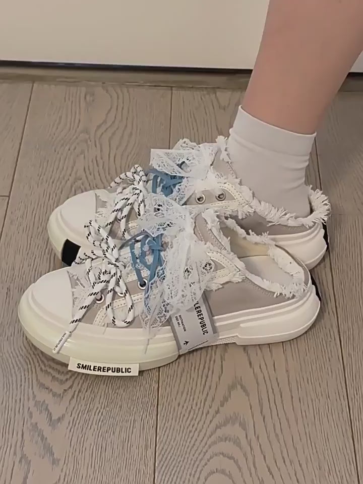 Women's Ash Gray Frayed Trim Chunky Platform Sneaker Mules