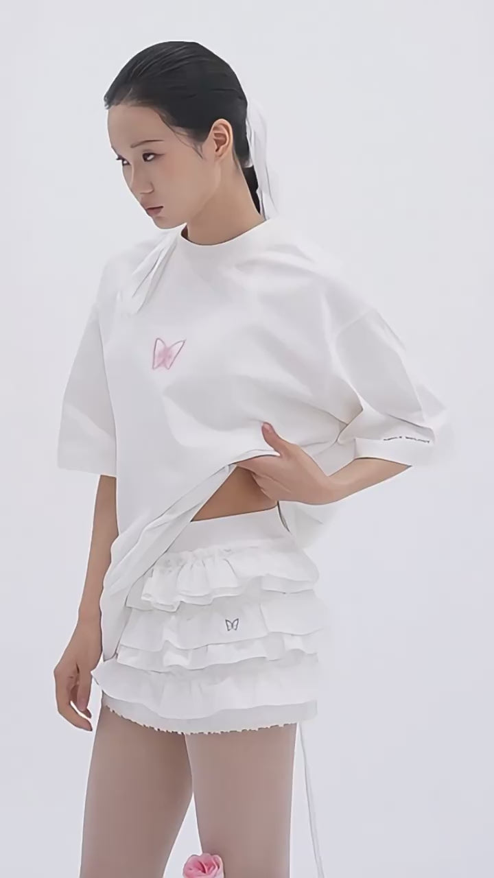White Lace-Trim Tiered Ruffle Mini Skirt with Ribbed Elastic Waistband for Women