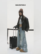 Brown Distressed PU Coated Faux Leather Oversized Asymmetrical Zip Jacket with Logo Back