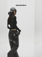 Black Rhinestone Embellished Cotton Blend Asymmetrical Off-Shoulder Long Sleeve Knit Top for Women
