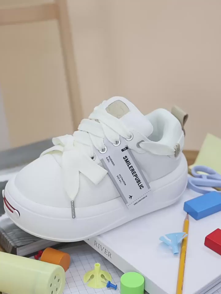 White Twill Low Top Chunky Platform Sneakers with Interchangeable Smile Toe