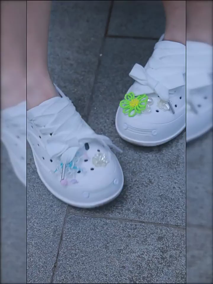 White Smile Toe DIY Charm Platform Clog Sneakers, Unisex Low Top Lace Up Shoes