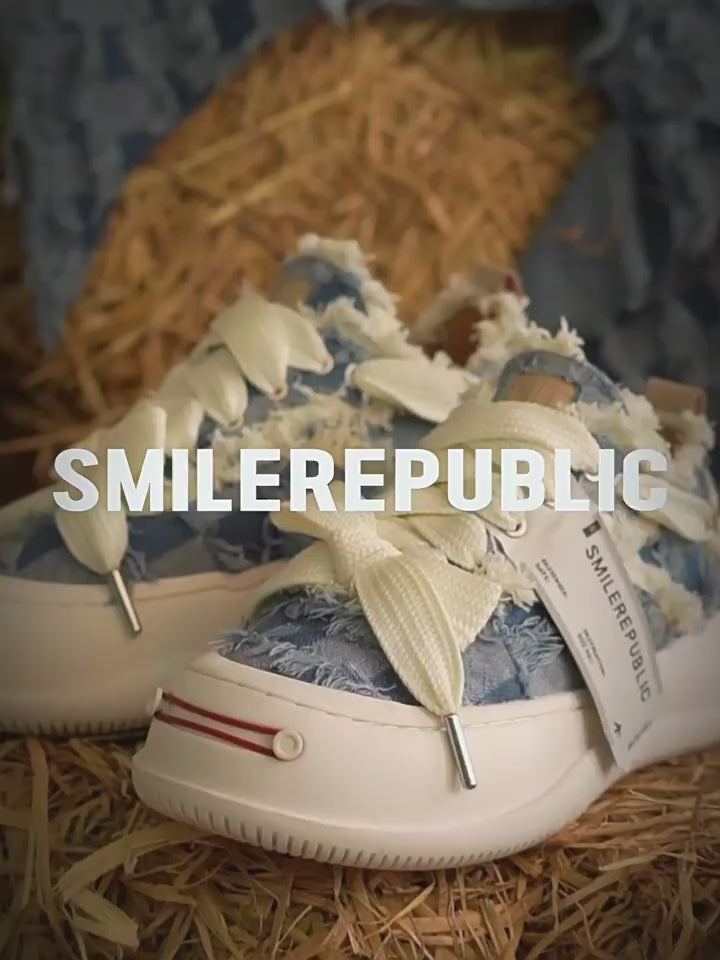 Light Blue Plaid Denim Smile Toe Platform Sneakers, Unisex Lace Up Shoes