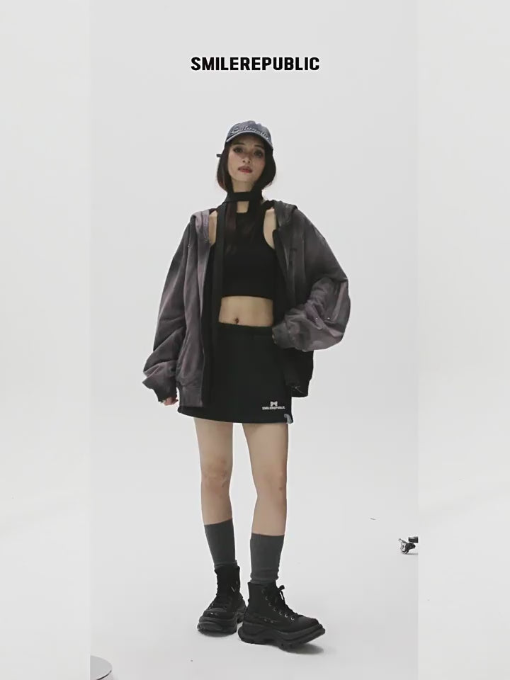 Distressed Cotton Rhinestone Embellished Full Zip Hoodie with Utility Sleeve Pocket, Oversized Streetwear Style