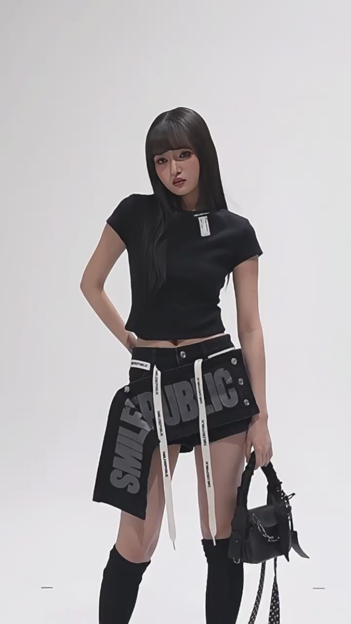 Black Washed Denim Shorts with Logo Drawstring, Women's Streetwear Shorts