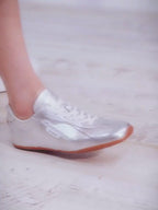 Silver Finish Square Toe German Trainer Sneakers, Low Top Lace Up Shoes