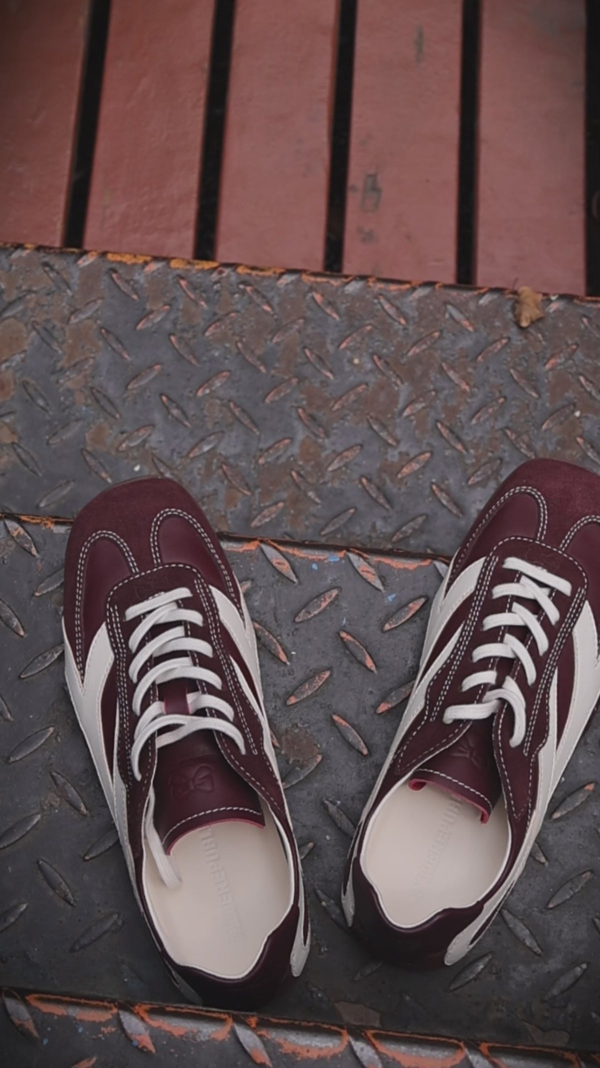 Burgundy Bow Side Detail Square Toe German Trainer Sneakers, Low Top Lace Up